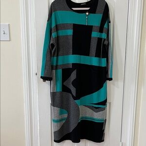 Darkwin Teal and Black Abstract Long Sleeve Dress